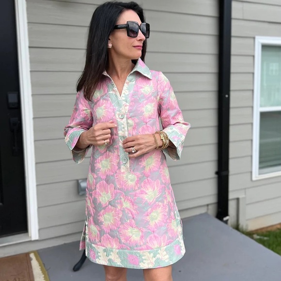 NWT Abbey Glass Piper Jacquard Floral Print V-Neck 34 Sleeve Caftan Mini Dress - Picture 5 of 15